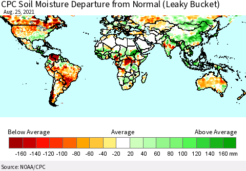 World CPC Soil Moisture Departure from Normal (Leaky Bucket) Thematic Map For 8/21/2021 - 8/25/2021