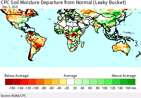 World CPC Soil Moisture Departure from Normal (Leaky Bucket) Thematic Map For 9/1/2021 - 9/5/2021