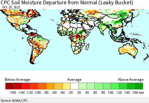 World CPC Soil Moisture Departure from Normal (Leaky Bucket) Thematic Map For 10/21/2021 - 10/25/2021
