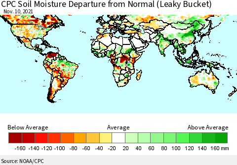World CPC Soil Moisture Departure from Normal (Leaky Bucket) Thematic Map For 11/6/2021 - 11/10/2021