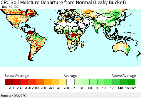 World CPC Soil Moisture Departure from Normal (Leaky Bucket) Thematic Map For 11/26/2021 - 11/30/2021