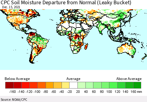 World CPC Soil Moisture Departure from Normal (Leaky Bucket) Thematic Map For 12/11/2021 - 12/15/2021