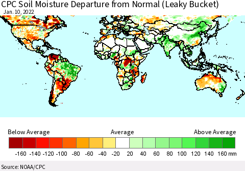 World CPC Soil Moisture Departure from Normal (Leaky Bucket) Thematic Map For 1/6/2022 - 1/10/2022