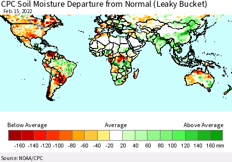 World CPC Soil Moisture Departure from Normal (Leaky Bucket) Thematic Map For 2/11/2022 - 2/15/2022