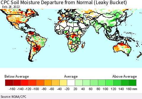World CPC Soil Moisture Departure from Normal (Leaky Bucket) Thematic Map For 2/26/2022 - 2/28/2022