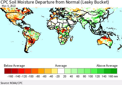 World CPC Soil Moisture Departure from Normal (Leaky Bucket) Thematic Map For 3/1/2022 - 3/5/2022