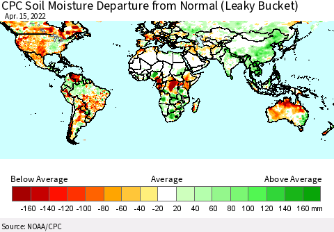 World CPC Soil Moisture Departure from Normal (Leaky Bucket) Thematic Map For 4/11/2022 - 4/15/2022