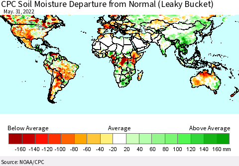 World CPC Soil Moisture Departure from Normal (Leaky Bucket) Thematic Map For 5/26/2022 - 5/31/2022