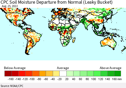 World CPC Soil Moisture Departure from Normal (Leaky Bucket) Thematic Map For 8/21/2022 - 8/25/2022