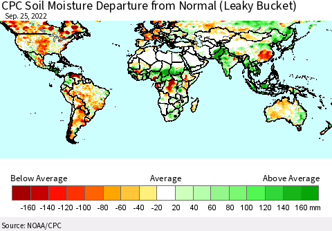 World CPC Soil Moisture Departure from Normal (Leaky Bucket) Thematic Map For 9/21/2022 - 9/25/2022