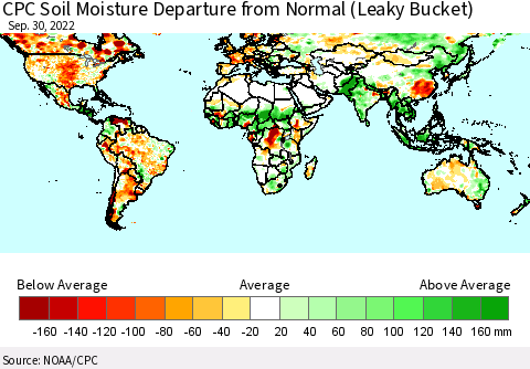 World CPC Soil Moisture Departure from Normal (Leaky Bucket) Thematic Map For 9/26/2022 - 9/30/2022