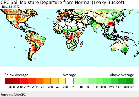 World CPC Soil Moisture Departure from Normal (Leaky Bucket) Thematic Map For 11/11/2022 - 11/15/2022