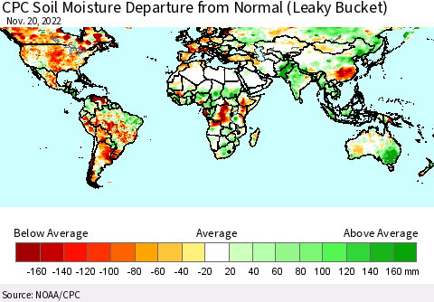World CPC Soil Moisture Departure from Normal (Leaky Bucket) Thematic Map For 11/16/2022 - 11/20/2022