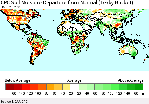 World CPC Soil Moisture Departure from Normal (Leaky Bucket) Thematic Map For 12/21/2022 - 12/25/2022