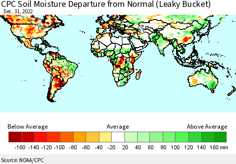 World CPC Soil Moisture Departure from Normal (Leaky Bucket) Thematic Map For 12/26/2022 - 12/31/2022