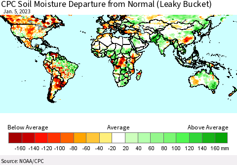 World CPC Soil Moisture Departure from Normal (Leaky Bucket) Thematic Map For 1/1/2023 - 1/5/2023