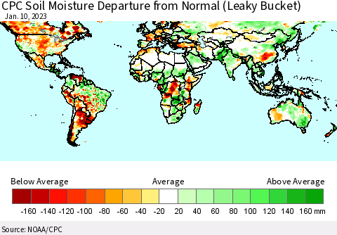 World CPC Soil Moisture Departure from Normal (Leaky Bucket) Thematic Map For 1/6/2023 - 1/10/2023