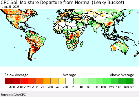 World CPC Soil Moisture Departure from Normal (Leaky Bucket) Thematic Map For 1/26/2023 - 1/31/2023