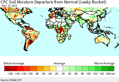 World CPC Soil Moisture Departure from Normal (Leaky Bucket) Thematic Map For 5/11/2023 - 5/15/2023