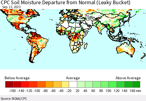 World CPC Soil Moisture Departure from Normal (Leaky Bucket) Thematic Map For 9/11/2023 - 9/15/2023