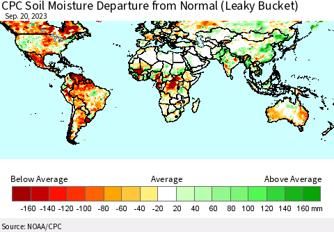 World CPC Soil Moisture Departure from Normal (Leaky Bucket) Thematic Map For 9/16/2023 - 9/20/2023