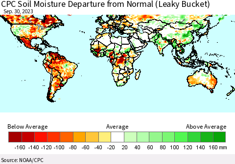 World CPC Soil Moisture Departure from Normal (Leaky Bucket) Thematic Map For 9/26/2023 - 9/30/2023