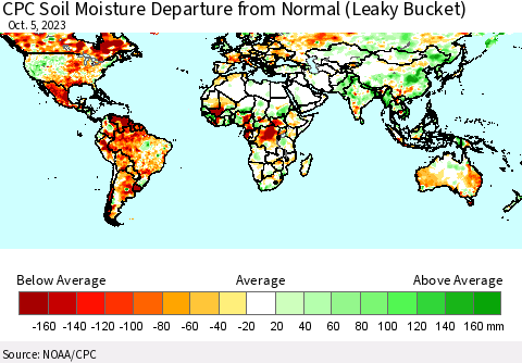 World CPC Soil Moisture Departure from Normal (Leaky Bucket) Thematic Map For 10/1/2023 - 10/5/2023