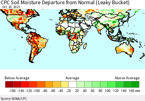World CPC Soil Moisture Departure from Normal (Leaky Bucket) Thematic Map For 10/16/2023 - 10/20/2023