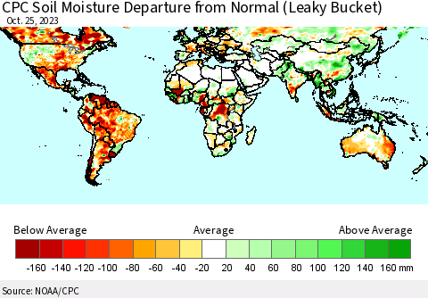 World CPC Soil Moisture Departure from Normal (Leaky Bucket) Thematic Map For 10/21/2023 - 10/25/2023
