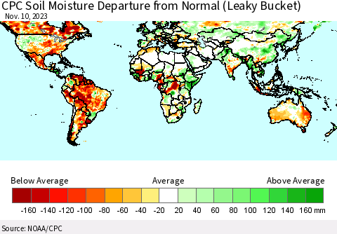 World CPC Soil Moisture Departure from Normal (Leaky Bucket) Thematic Map For 11/6/2023 - 11/10/2023