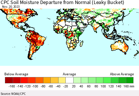 World CPC Soil Moisture Departure from Normal (Leaky Bucket) Thematic Map For 11/16/2023 - 11/20/2023