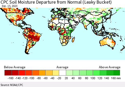 World CPC Soil Moisture Departure from Normal (Leaky Bucket) Thematic Map For 12/11/2023 - 12/15/2023