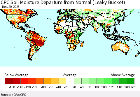 World CPC Soil Moisture Departure from Normal (Leaky Bucket) Thematic Map For 12/16/2023 - 12/20/2023