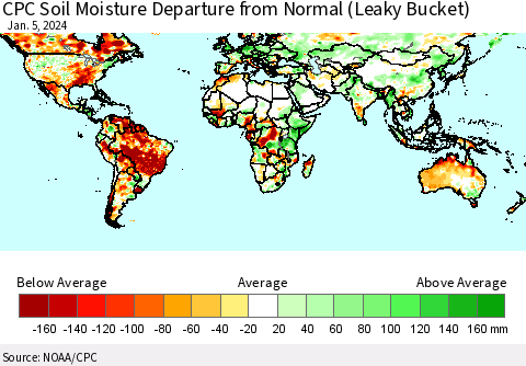 World CPC Soil Moisture Departure from Normal (Leaky Bucket) Thematic Map For 1/1/2024 - 1/5/2024