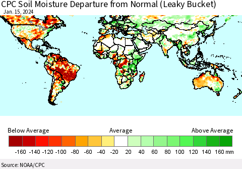 World CPC Soil Moisture Departure from Normal (Leaky Bucket) Thematic Map For 1/11/2024 - 1/15/2024