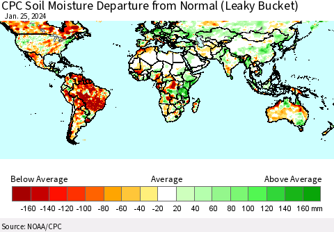 World CPC Soil Moisture Departure from Normal (Leaky Bucket) Thematic Map For 1/21/2024 - 1/25/2024