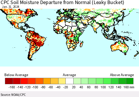 World CPC Soil Moisture Departure from Normal (Leaky Bucket) Thematic Map For 1/26/2024 - 1/31/2024
