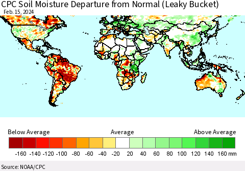 World CPC Soil Moisture Departure from Normal (Leaky Bucket) Thematic Map For 2/11/2024 - 2/15/2024