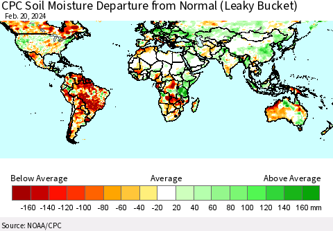 World CPC Soil Moisture Departure from Normal (Leaky Bucket) Thematic Map For 2/16/2024 - 2/20/2024