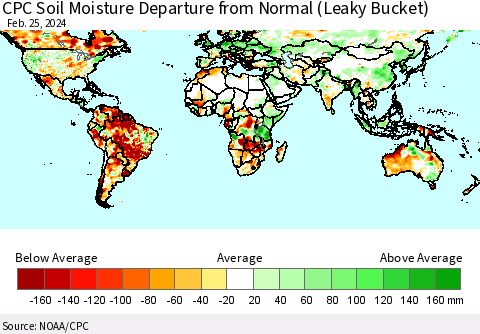 World CPC Soil Moisture Departure from Normal (Leaky Bucket) Thematic Map For 2/21/2024 - 2/25/2024