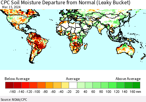 World CPC Soil Moisture Departure from Normal (Leaky Bucket) Thematic Map For 3/11/2024 - 3/15/2024