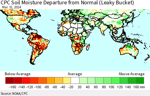 World CPC Soil Moisture Departure from Normal (Leaky Bucket) Thematic Map For 3/26/2024 - 3/31/2024
