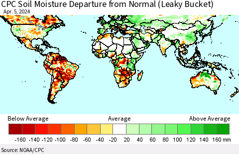World CPC Soil Moisture Departure from Normal (Leaky Bucket) Thematic Map For 4/1/2024 - 4/5/2024