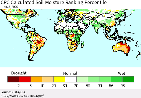 World CPC Soil Moisture Ranking Percentile (Leaky Bucket) Thematic Map For 1/1/2020 - 1/5/2020
