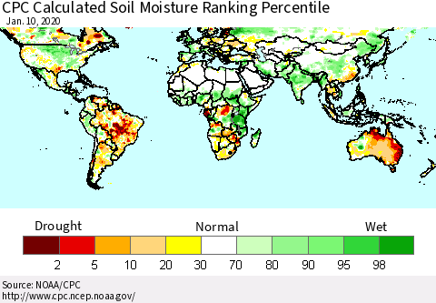 World CPC Soil Moisture Ranking Percentile (Leaky Bucket) Thematic Map For 1/6/2020 - 1/10/2020
