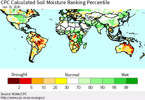 World CPC Soil Moisture Ranking Percentile (Leaky Bucket) Thematic Map For 1/21/2020 - 1/25/2020