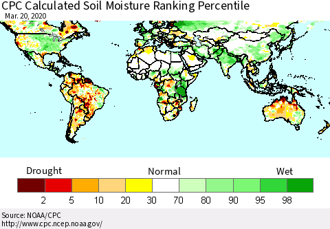 World CPC Soil Moisture Ranking Percentile (Leaky Bucket) Thematic Map For 3/16/2020 - 3/20/2020