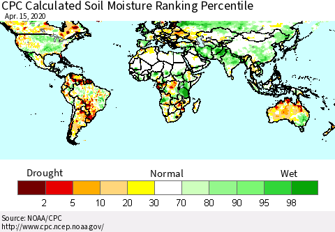 World CPC Soil Moisture Ranking Percentile (Leaky Bucket) Thematic Map For 4/11/2020 - 4/15/2020