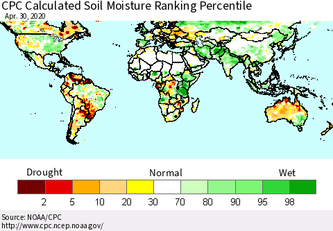 World CPC Soil Moisture Ranking Percentile (Leaky Bucket) Thematic Map For 4/26/2020 - 4/30/2020