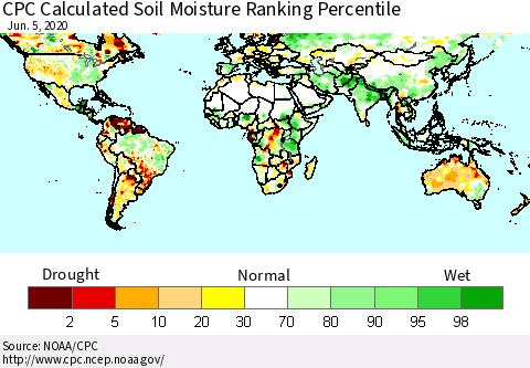 World CPC Soil Moisture Ranking Percentile (Leaky Bucket) Thematic Map For 6/1/2020 - 6/5/2020